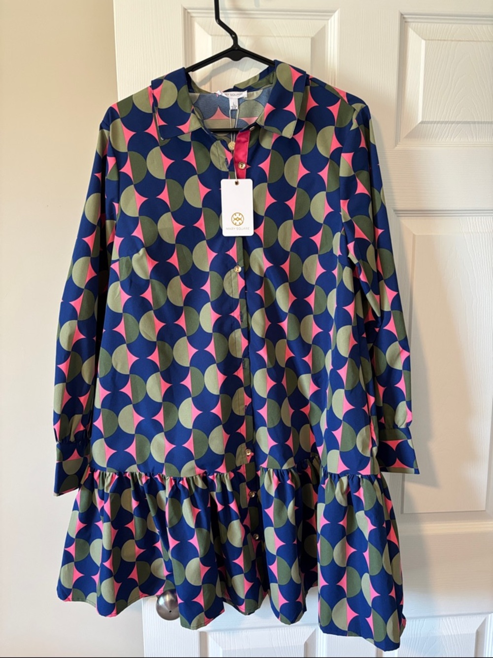 Mary Square Long-Sleeve Geometric Ruffle-Hem Dress in Navy, Olive & Pink